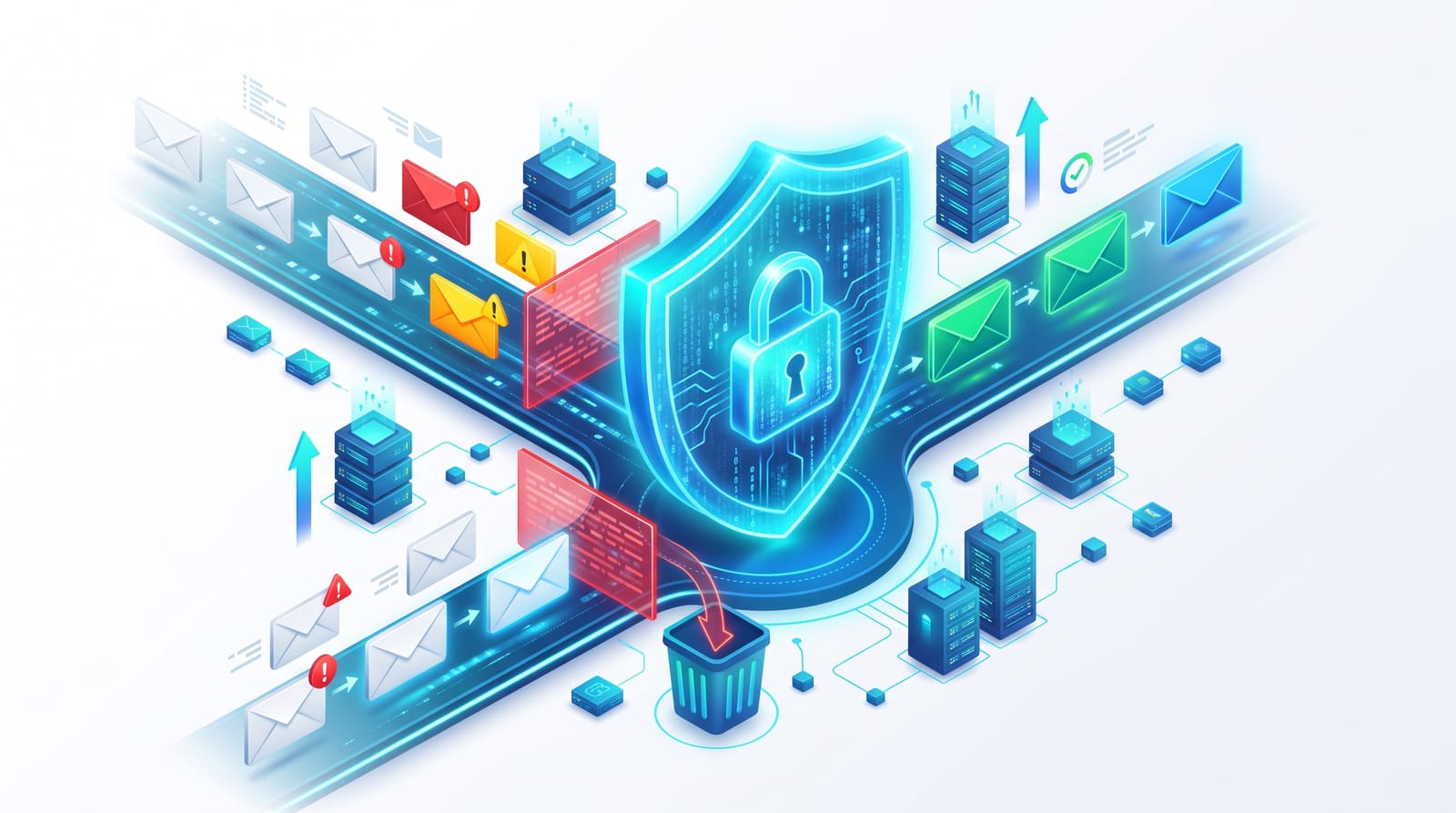 Flusso di posta elettronica filtrato dal gateway Mail Security: messaggi legittimi consegnati, messaggi malevoli bloccati